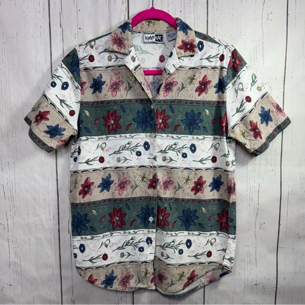Krazy Kat Vintage Mens 90s Striped Floral Casual Button Down Shirt Short Sleeves